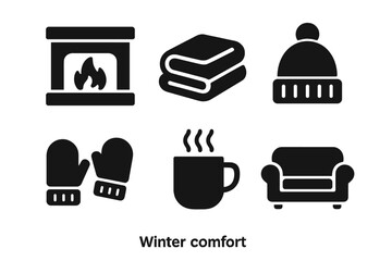 Cozy Winter Comfort Icons Set. Warm Fireplace, Fleece Blanket, Woolen Hat, Mittens, Hot Beverage Mug, Comfy Sofa Symbols for Seasonal Relaxation, Hygge Lifestyle, Home Coziness, Vector Illustration