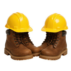 Pair of Yellow Hard Hats Perched Atop Rugged Brown Work Boots, Symbolizing Construction and Safety