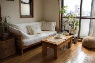 Cozy Japanese-style living room with a light beige couch, wooden coffee table, and plants