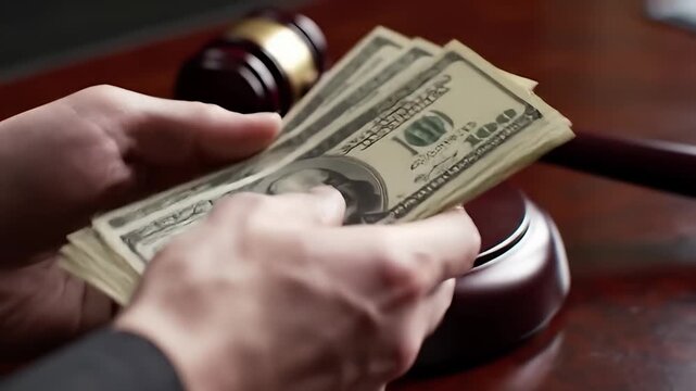 Close-up of a wooden gavel with brass accent on a polished wooden surface