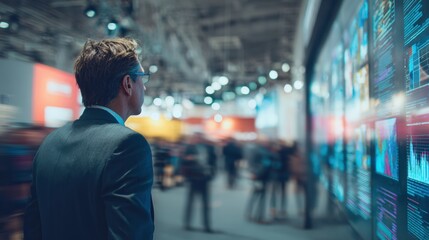 A focused businessman observing digital data on a large display in a modern exhibition hall.
