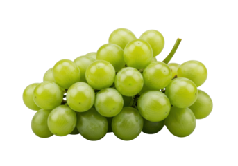 Vibrant green grapes with powdery white bloom on fresh stem, impeccably presented on a transparent background with soft, shadowless lighting. Concept for premium product display