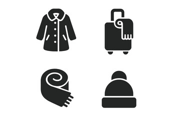 Winter travel essentials icons set, solid filled vector illustrations of suitcase with coat, scarf, packed winter looks, foldable travel gear, cold weather packing symbols