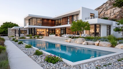 Fototapeta premium Modern Prairie House with Concrete Elements and Futuristic Design by a Swimming Pool