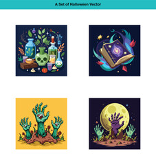 Collection of Halloween illustrations with magical objects and spooky zombie hands