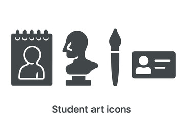Student art icon set. Solid style vector illustration featuring sketchbook, plaster bust sculpture, paintbrush, student ID card. Art education, creative workshop, drawing tool, exhibition symbols