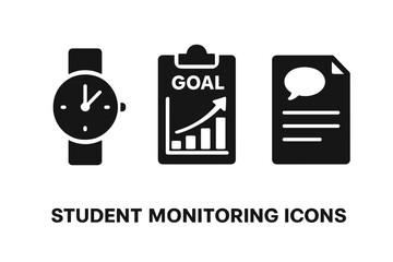 Student Monitoring Vector Icon Set. Time Management, Goal Tracking, Progress Reflection, Assessment Tools. Wristwatch, Chart, Report Sheet. Education Performance Analysis Concept Isolated