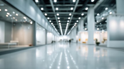 Obraz premium A modern, spacious hallway in an exhibition center with polished floors and soft lighting, perfect for events.
