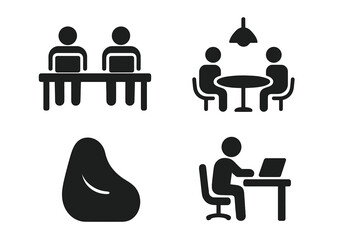 Startup workspace vector icons set. Solid filled pictograms of coworking space, shared desk office, team meeting, informal lounge beanbag, remote work station, business collaboration concept