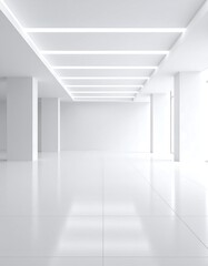 Minimalist white interior space with bright lighting, smooth floors, and clean lines
