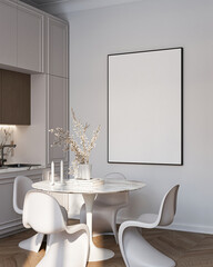 Modern Living Room Poster Frame Mockup with Natural Light and Minimalist Decoration. 3D render.