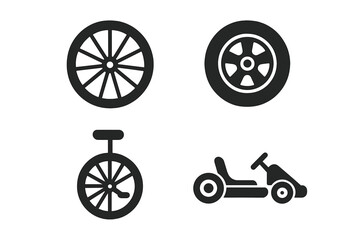 Set of Solid Wheel Sport Icons. Vector illustration featuring bicycle wheel, car racing wheel, unicycle icon, go-kart silhouette. Transportation and leisure sports wheel collection isolated on white