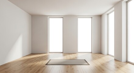 Obraz premium Bright interior design with wooden floor, white walls, and modern windows illuminating a calming