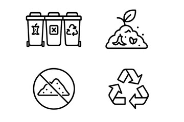 Waste management recycling composting icons set. Outline vector symbols for garbage sorting bins, organic compost pile, crossed-out landfill, reduce reuse recycle sign. Eco-friendly sustainability