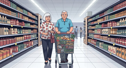 An elderly couple shops for groceries in a supermarket aisle, pushing a full shopping cart.