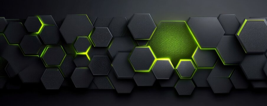 Dark hexagonal panel design with neon green glowing accent highlights