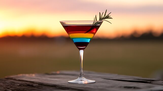 Colorful layered cocktail in a martini glass at sunset - Powered by Adobe