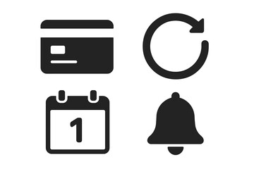 Subscription management icon set including credit card, recurring payment arrow, calendar date, notification bell, solid filled vector icons for digital services and billing concepts