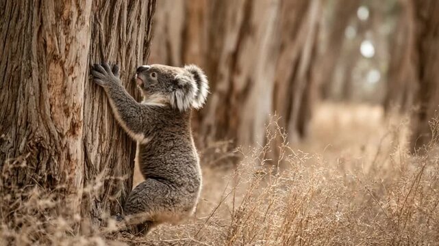 A koala clings to a tree trunk in a sun-dappled forest