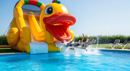 Joyful splashdown from a giant yellow duck inflatable slide into a backyard pool during a vibrant summer party