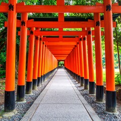 Red torii gate path in a Japanese garden