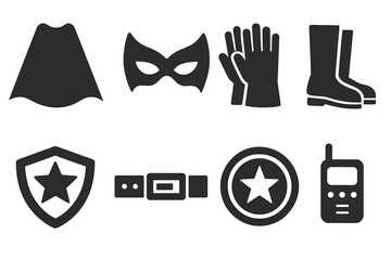 Superhero Accessories Icon Set. Solid Black Vector Illustrations of Superhero Cape, Mask, Gloves, Boots, Emblem, Utility Belt, Shield, Communicator. Comic Book Costume Elements Collection