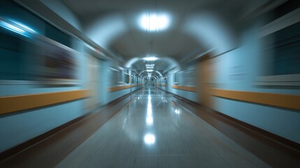 A spacious hallway illuminated by bright lights, emphasizing lines and depth, perfect for depicting movement and space.