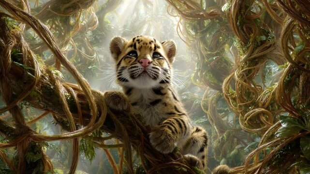 A young, spotted cat, likely a clouded leopard, nestled amidst a lush, tangled jungle canopy.  Sunlight filters through the interwoven vines and branches