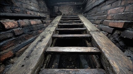 Weathered Wooden Ladder in Rustic Brick Basement with Dim Light and Aged Texture