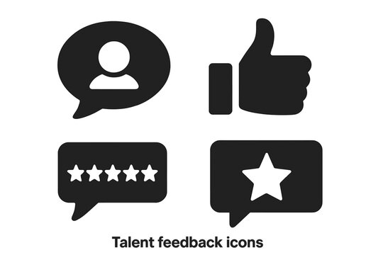 Talent feedback icons set. Solid vector speech bubble symbols for voting, review, comment, rating, thumbs up, testimonial, user feedback. Quality assessment, evaluation, approval, review star