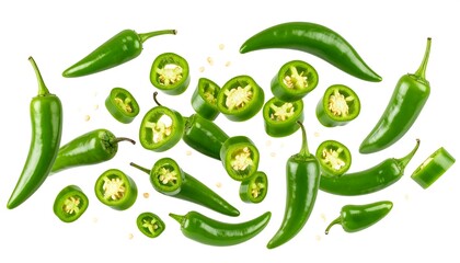 Green chili peppers and slices levitate against a white background