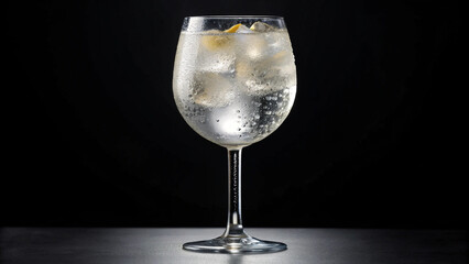 Glass of gin and tonic with lime slice on black background – refreshing cocktail drink JPG image