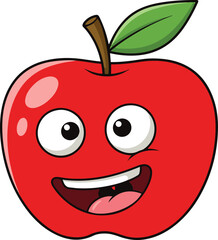 A vibrant illustration of a red apple with a cheerful cartoon face. The apple is rendered in a pixel art style, featuring a happy expression, and is depicted against a white background.
