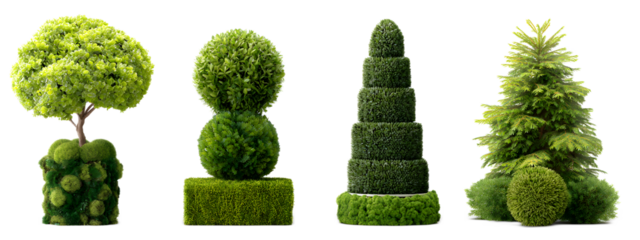 A display of various ornamental topiary shapes including spheres pyramids and other geometric forms all crafted from meticulously trimmed and shaped green plants and foliage