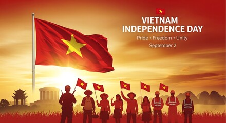 People celebrate vietnam independence day with national flag waving in a warm sunset sky