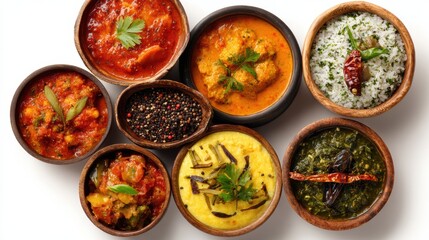 A vibrant assortment of traditional Indian dishes presented in clay bowls, featuring rich colors and textures.