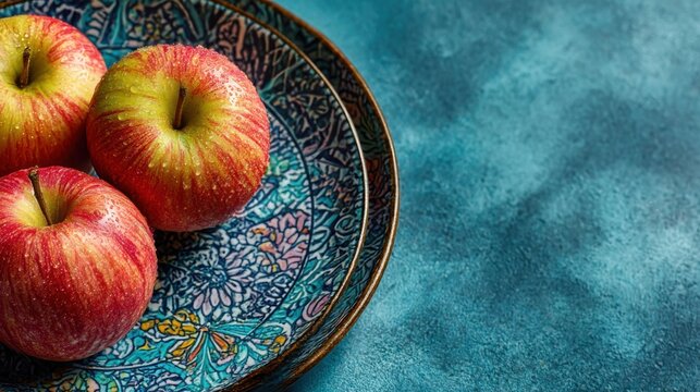 Fresh red apples arranged on a decorative blue plate in a vibrant kitchen setting during daylight - Powered by Adobe