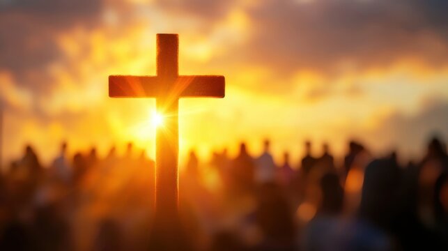 Worship event featuring cross illuminated by divine light outdoor setting spiritual atmosphere inspirational concept