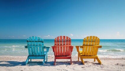 Three chairs on the beach facing the ocean.