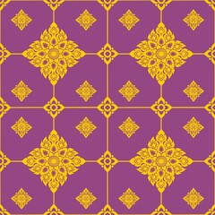 Ornamental Thai pattern: A captivating illustration showcasing a seamless pattern inspired by traditional Thai artistry, with intricate golden floral motifs set against a vibrant purple backdrop.