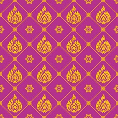 Thai Floral Pattern: This seamless illustration showcases an elegant Thai floral pattern, featuring ornate gold motifs set against a vibrant magenta backdrop.