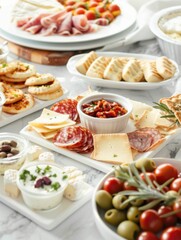 A festive table awaits with platters overflowing with gourmet cheeses, cured meats, fresh vegetables with dips, miniature pies, and crispy flatbreads, set in soft diffused lighting