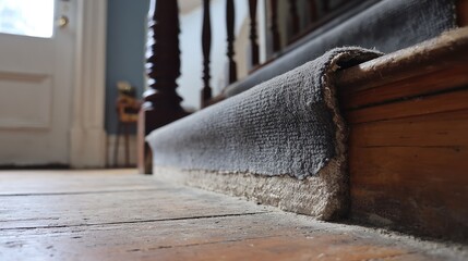 Obraz premium Worn Carpet Edge on Wooden Floor with Steps and Natural Light in an Indoor Setting