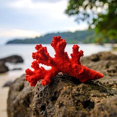 Red coral on a rock by the beach