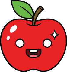 A cheerful, pixel-art illustration of a red apple with a happy expression, complete with a green leaf and stem. The style is reminiscent of video game graphics, showcasing a vibrant and simple design.
