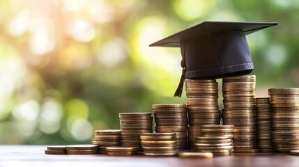 A creative concept image showing a stack of coins topped with a graduation cap, symbolizing the connection between education and financial success