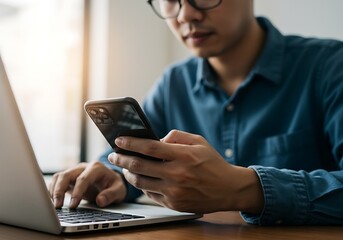 Young asian man using smartphone and laptop computer for working at home office