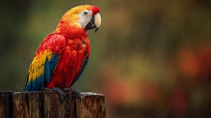 Obraz premium A vibrant scarlet macaw perched on a wooden post, glistening with rain in a colorful, blurred background.