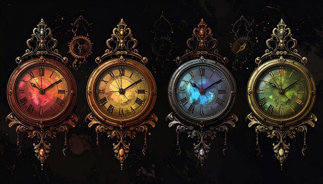 Steampunk Digital Painting Four Ornate Clocks In Vibrant Colors Against Dark Background - Powered by Adobe