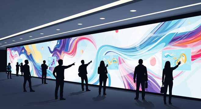 Silhouette figures of people viewing a large interactive display wall with abstract art.